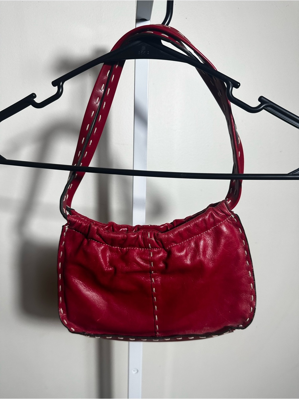 Q&A Nordstrom Red Genuine Leather Y2K Baguette Shoulder Bag Contrast Stitch